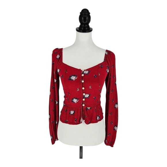 Hollister Retro Y2K Red Smocked Front Floral Buttoned Crop Top Womens Size Small - Picture 2 of 7